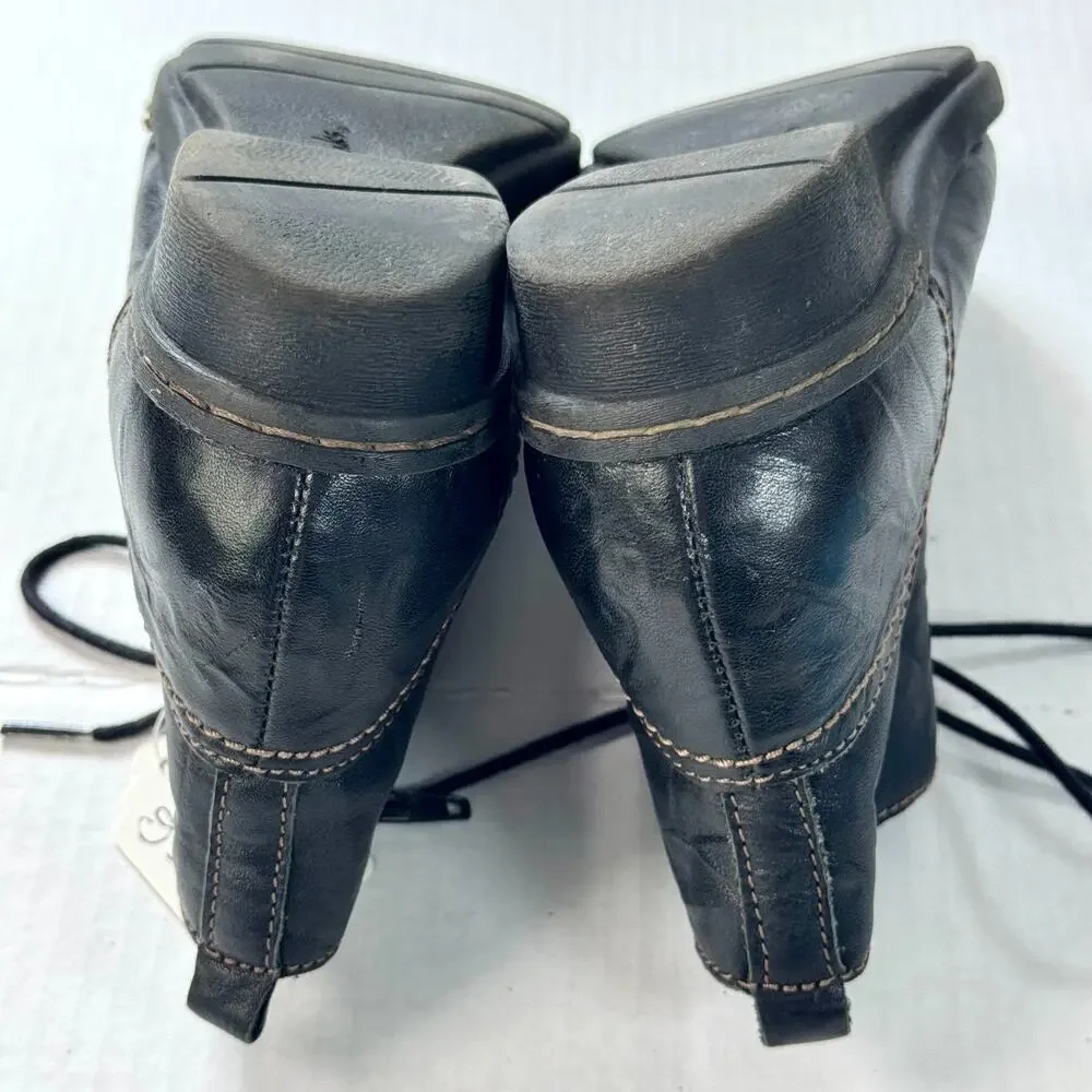 Clarks Leather Ankle Boots Lace Up Side Zip Wedge W6 Black